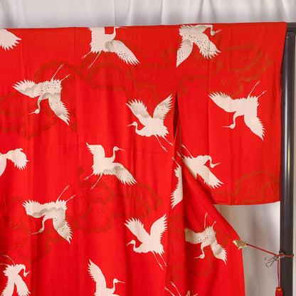 Red Juban, Japanese Kimono, Crane Pattern, Tsuru, Traditional, Classic decorative fabric, Silk Garment, Elegant Layer, Lounge wear, Gown