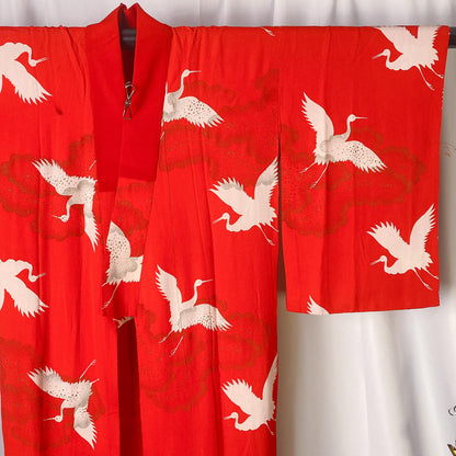 Red Juban, Japanese Kimono, Crane Pattern, Tsuru, Traditional, Classic decorative fabric, Silk Garment, Elegant Layer, Lounge wear, Gown